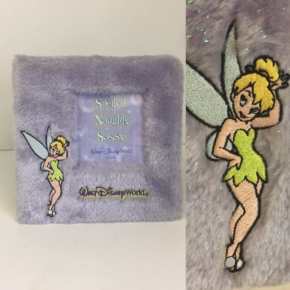 Disney World Tinkerbell Embroidered on Purple Sparkle Faux Fur Square Pic Frame